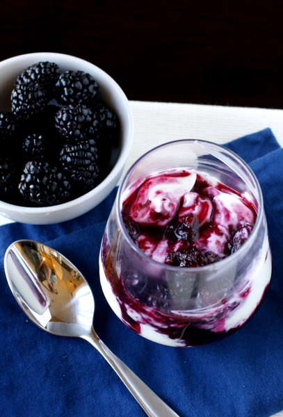 Greek Yogurt with Warm Black and Blueberry Sauce