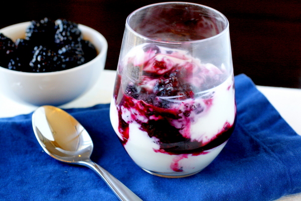 Greek Yogurt with Warm Black and Blueberry Sauce