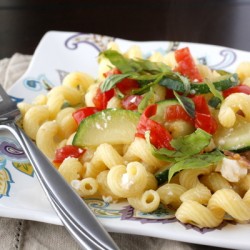 Pasta with Zucchini, Tomatoes, Bacon, and Feta