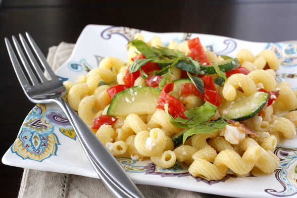 Pasta with Zucchini, Tomatoes, Bacon, and Feta