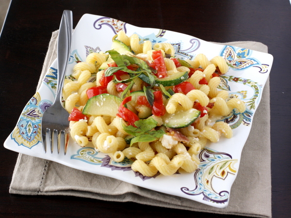 Pasta with Zucchini, Tomatoes, Bacon, and Feta