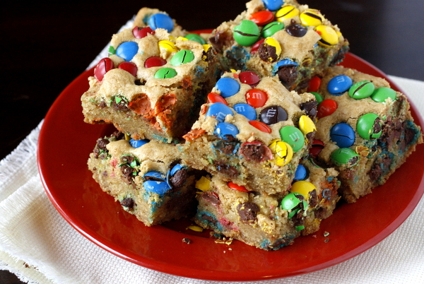 Thick and Chewy M&M Cookie Bars