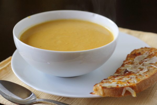 Pumpkin and White Bean Soup with Cheesy Toasts