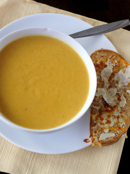 Pumpkin and White Bean Soup with Cheesy Toasts