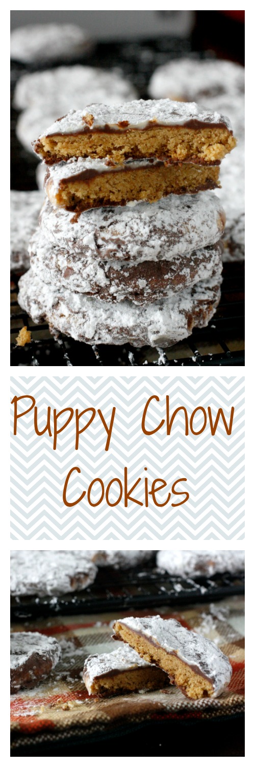 Puppy Chow Cookies - peanut butter cookies coated in chocolate and peanut butter, and covered in powdered sugar. They taste like puppy chow!
