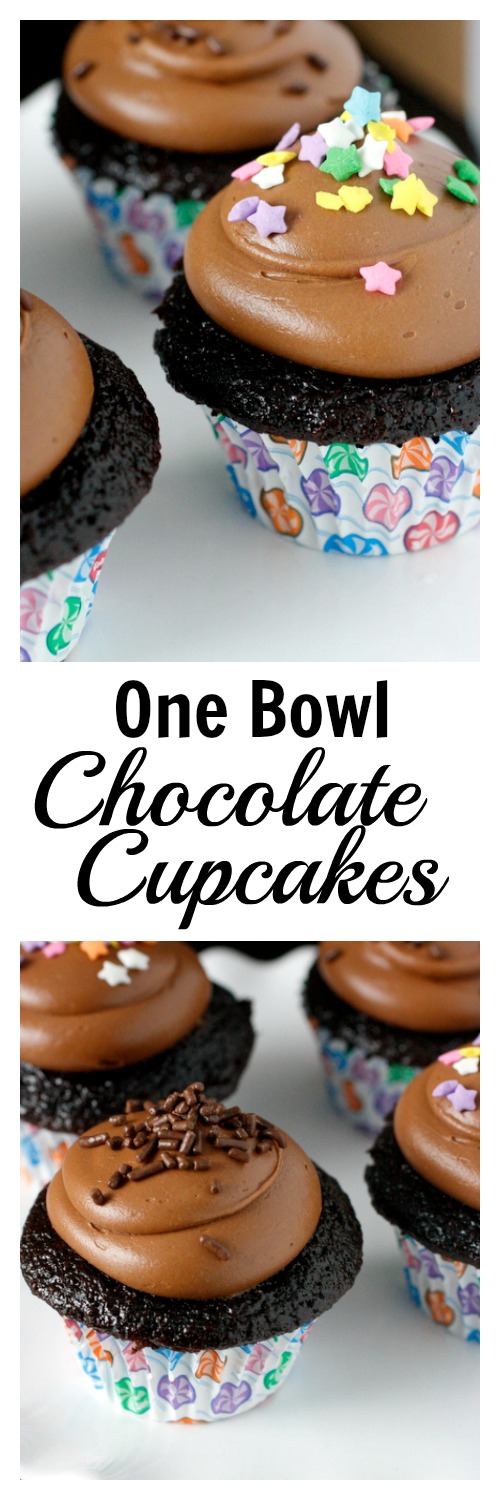 One Bowl Chocolate Cupcakes! Rich and full of chocolate flavor, this is our go to chocolate cupcake recipe!